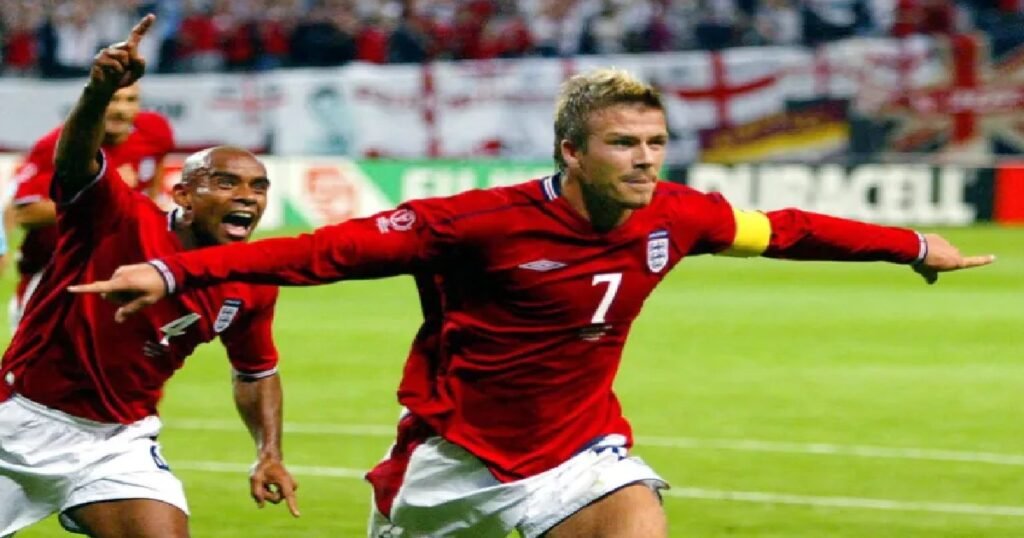 Beckham scores from the penalty spot against Argentina during World Cup 2002