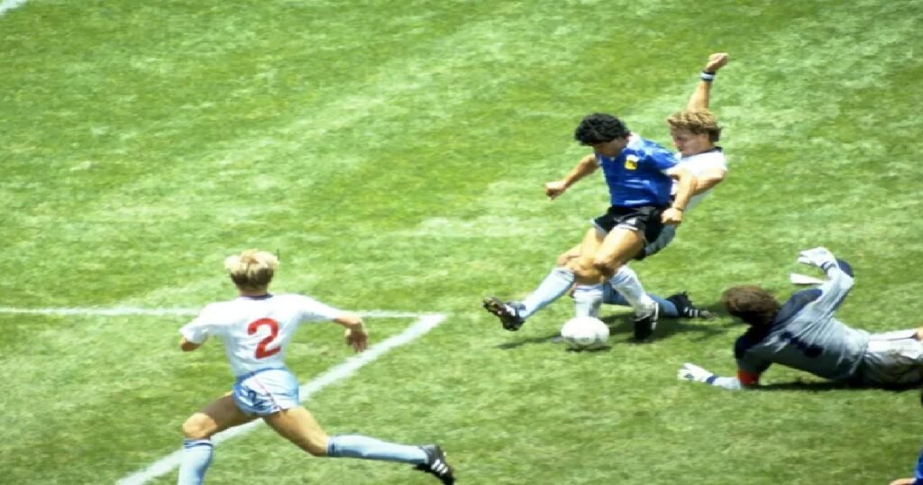 Diego Maradona scores his second against England in the 1986 World Cup in Mexico